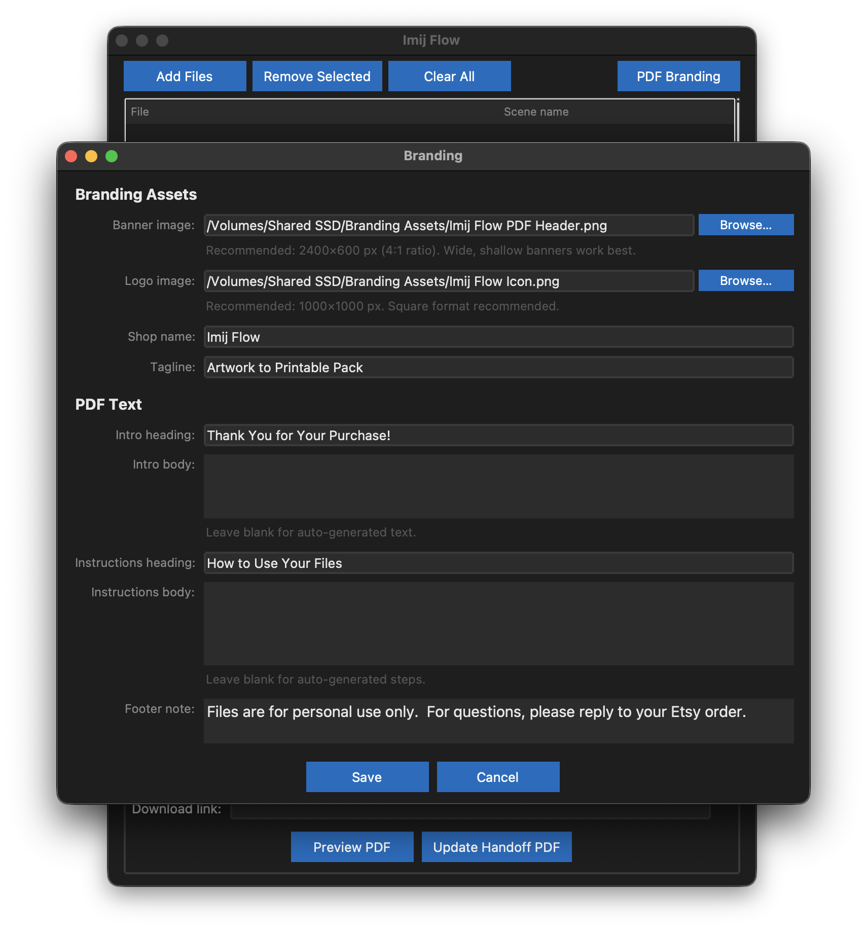 Imij Flow — PDF branding configuration window